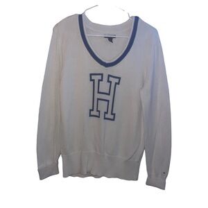 Vintage tommy hilfiger “H” white/Blue varsity v-Neck sweater